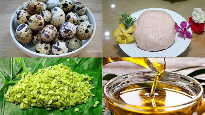 Ingredients for quail eggs fried with green rice