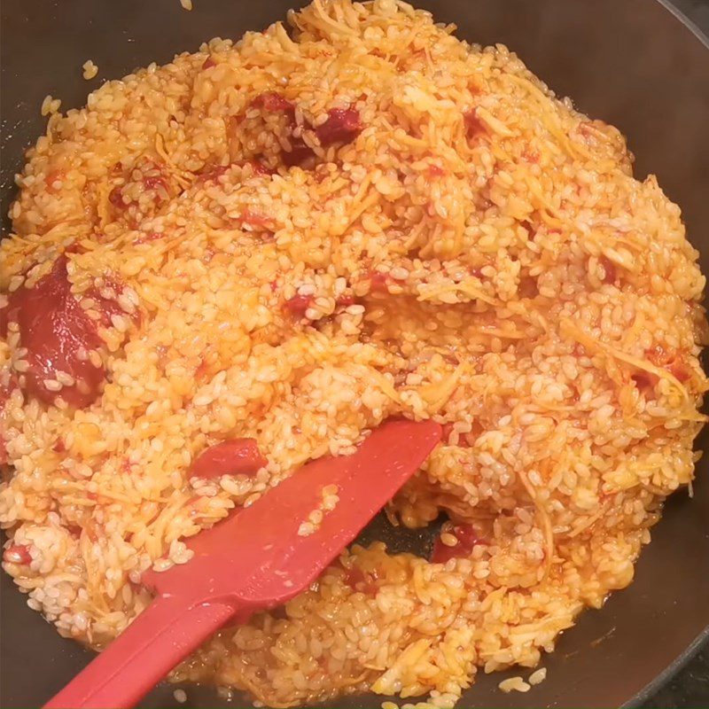 Step 5 Stir-fry sticky rice Gấc coconut cake with green bean filling