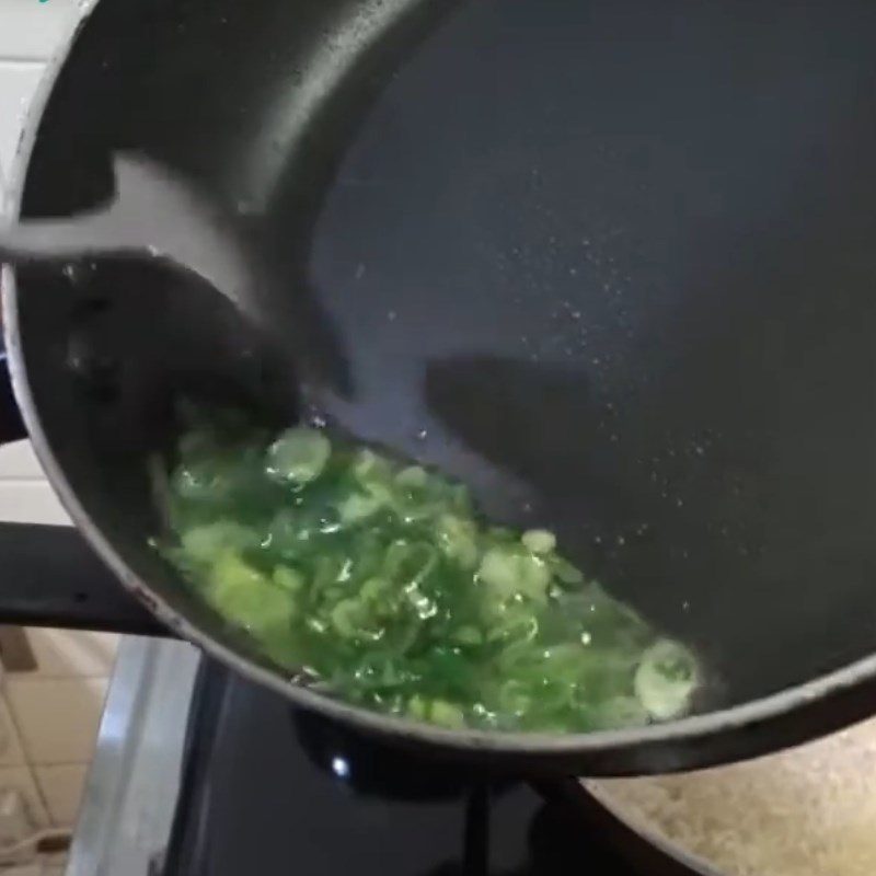 Step 2 Making chive oil and spreading the filling on the crispy rice Seaweed Crispy Rice with Pork Floss