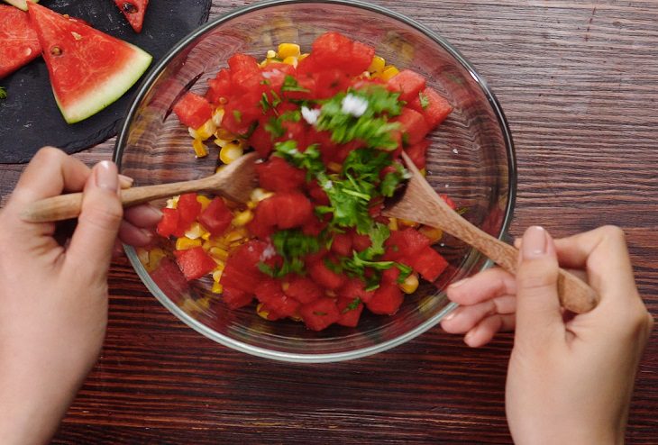 Step 3 Mixing the watermelon and grilled corn salad for Watermelon Corn Salad