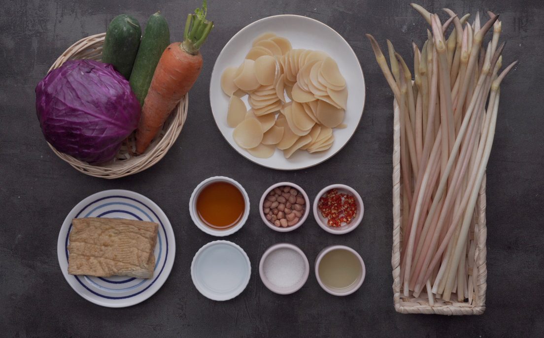 Ingredients for the detailed instructions on how to make vegetarian lotus stem salad