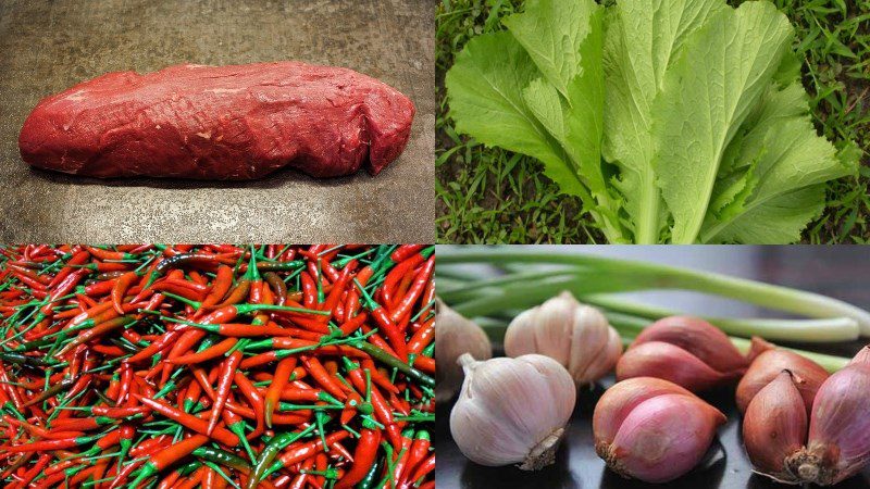 Ingredients for grilled beef wrapped in mustard greens