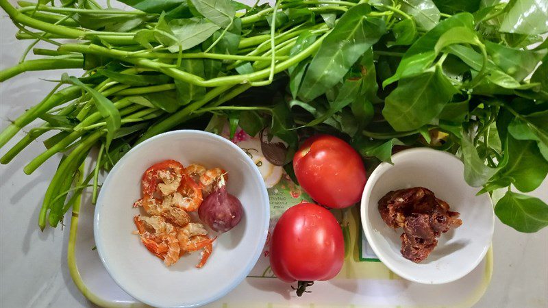 Ingredients for sour shrimp water spinach soup