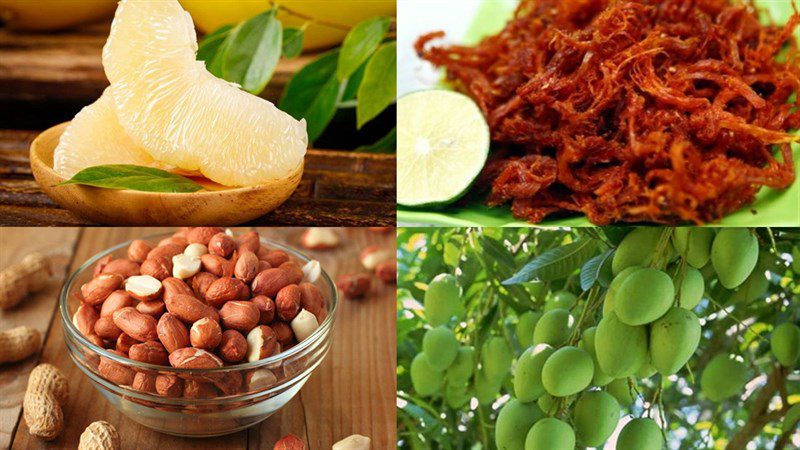 Ingredients for the grapefruit salad with dried shrimp, dried beef, and dried snakehead fish