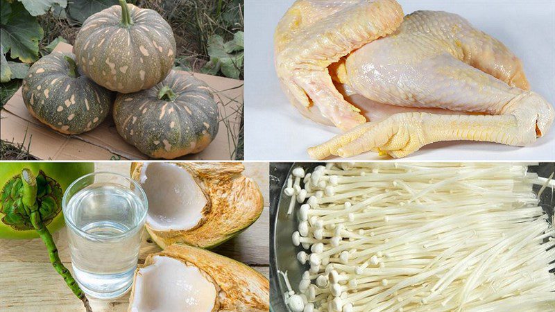 Ingredients for pumpkin chicken stew and black chicken steamed with pumpkin