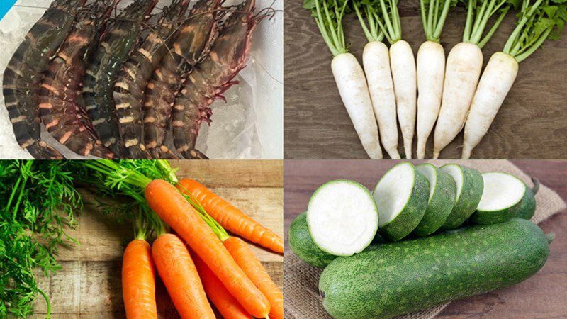 Ingredients for the dish 2 ways to cook shrimp soup with water celery and radish