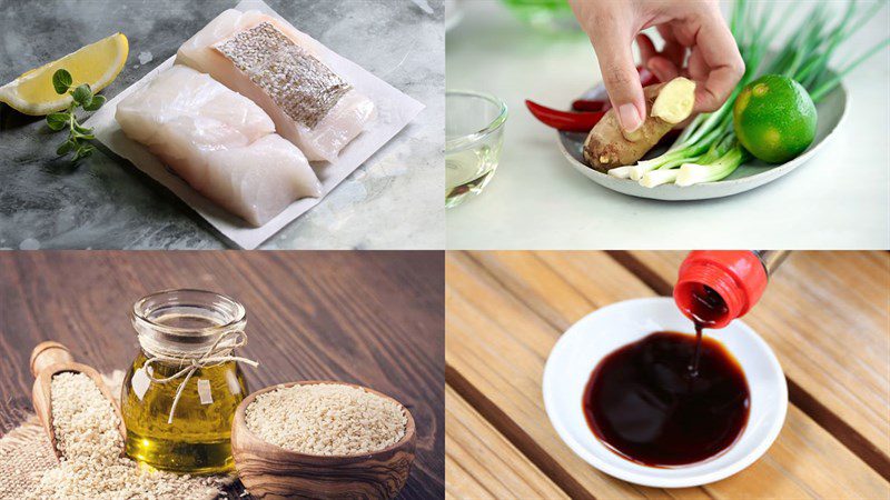 Ingredients for steamed cod with ginger and scallions and with mushrooms