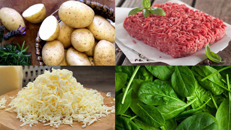 Ingredients for the dish of mashed potato rolls with minced beef and sausage