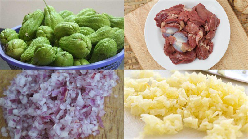 Ingredients for chayote stir-fried with chicken entrails and shrimp