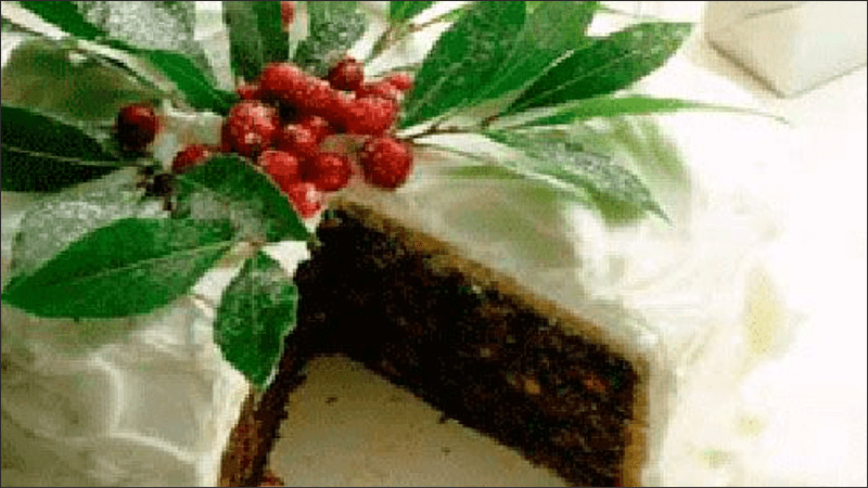 Christmas cake decoration in the shape of a Christmas garden