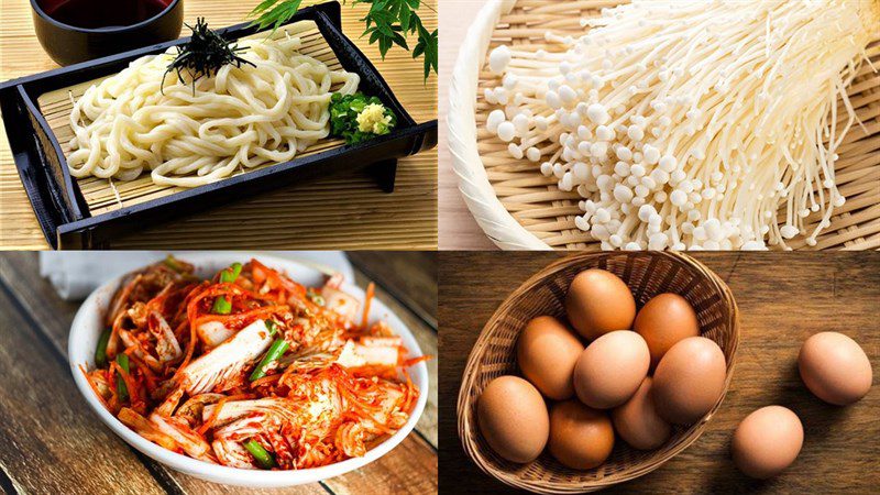 Ingredients for the 2 recipes of chicken udon and kimchi