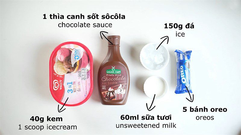 Ingredients for 3 ways to make Oreo blended ice