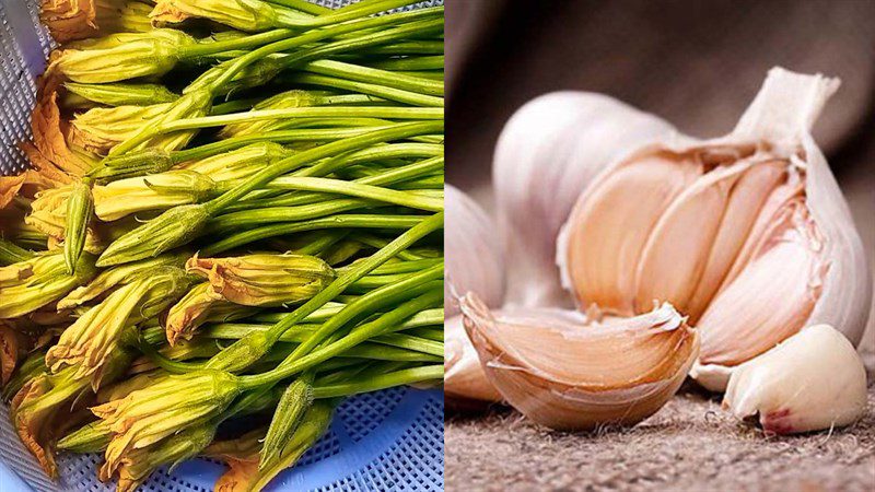 Ingredients for stir-fried pumpkin flowers with straw mushrooms