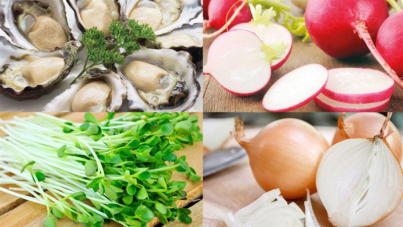 Ingredients for oyster salad with sprouts and mango