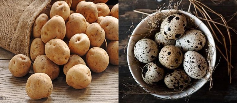 Ingredients for crispy fried potatoes wrapped in sausage and quail eggs