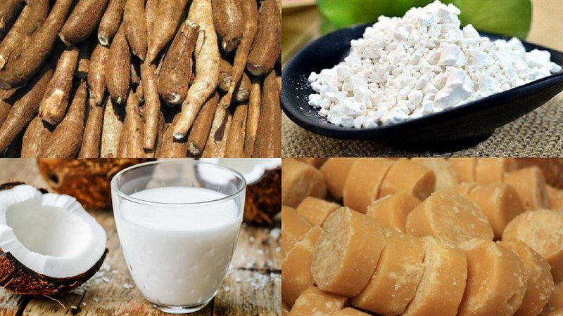 Ingredients for the dish of cassava and yam floating cake