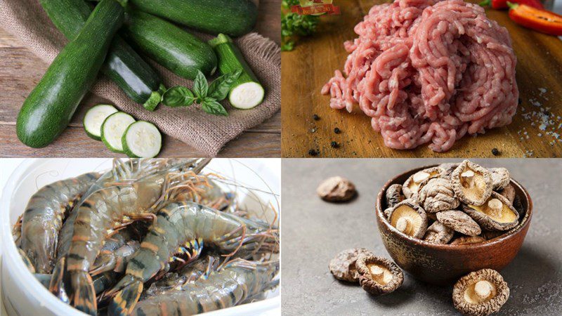 Ingredients for steamed zucchini with meat and mushrooms