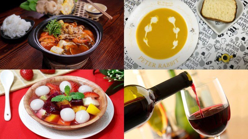 Pumpkin cream soup, grilled scallops, beef rolled with enoki mushrooms, green mango squid salad, Thai hot pot, fruit dessert, wine