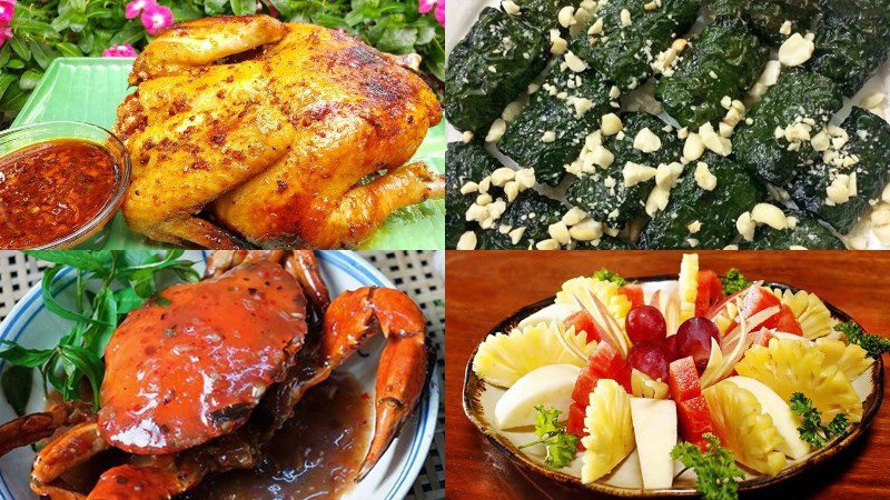 Roast turkey, lotus root salad with shrimp and pork, grilled beef with betel leaves, crab in plum sauce, mushroom hot pot, fruit dessert, soft drink