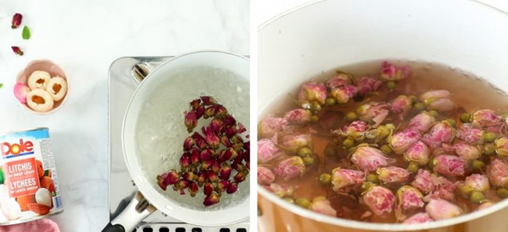 Step 1 Boil Rose Buds Lychee Rose Tea