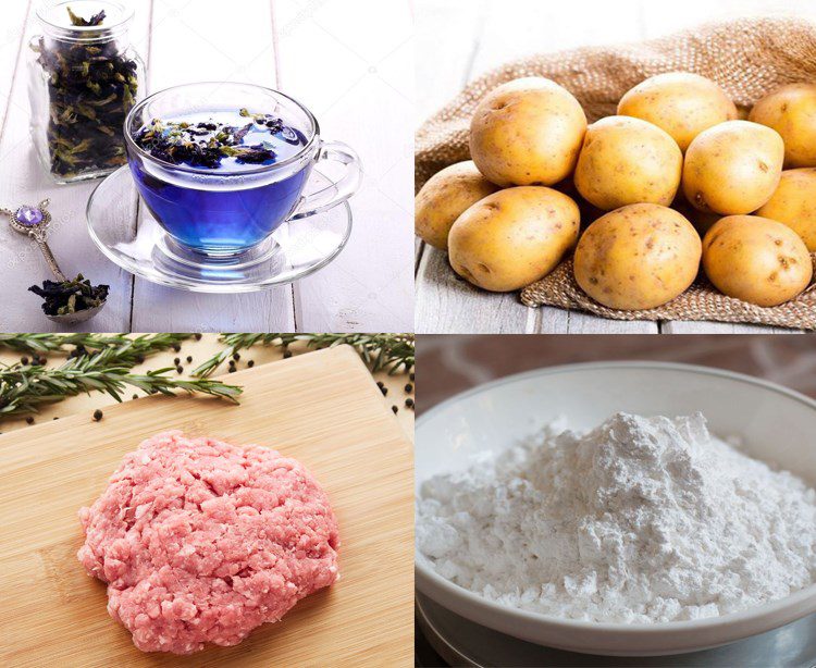 Ingredients for butterfly pea flower cake with potato and meat filling