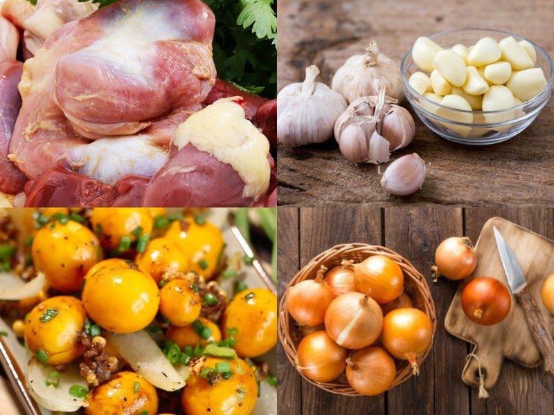 Ingredients for garlic-fried chicken intestines with quail eggs