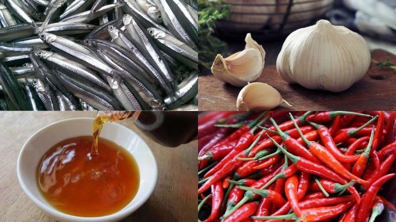 Ingredients for fried anchovies with fish sauce