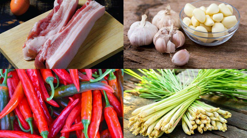 Ingredients for the dish of braised pork belly with lemongrass and chili