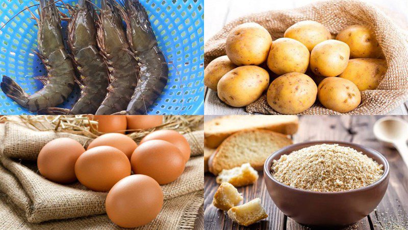 Ingredients for the dish of shrimp wrapped in fried potatoes using an air fryer