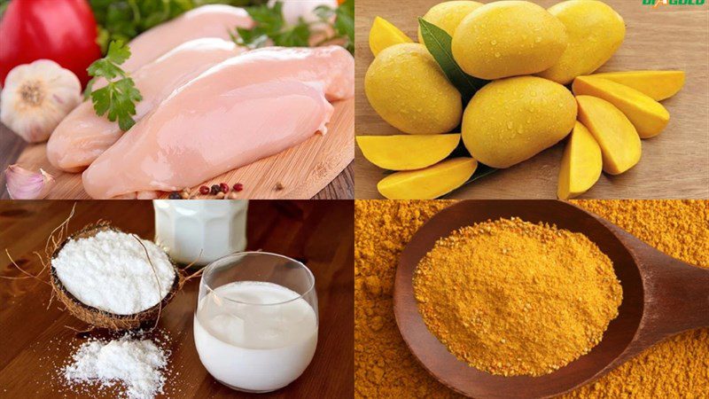 Ingredients for 3 ways to cook Indian chicken curry with mango sauce, butter sauce and masala sauce