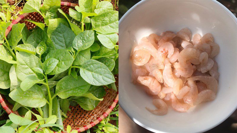 Ingredients for spinach soup with shrimp