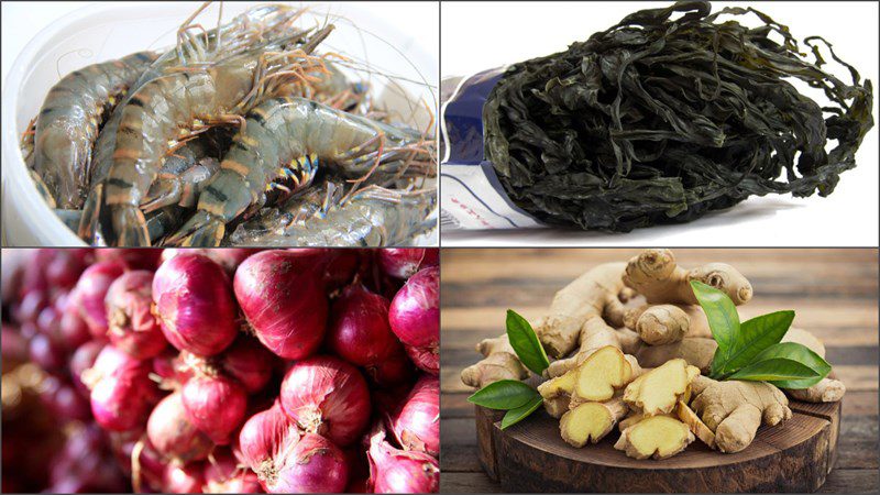 Ingredients for seaweed soup with fresh shrimp and dried shrimp