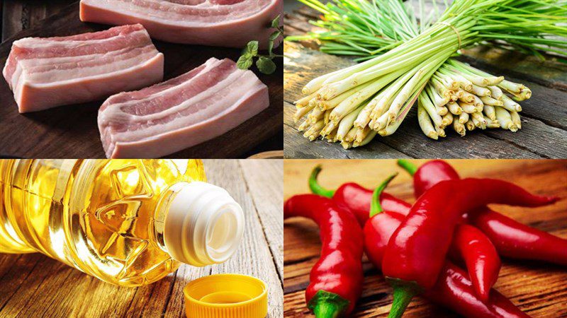 Ingredients for fried pork belly with lemongrass and chili using an air fryer