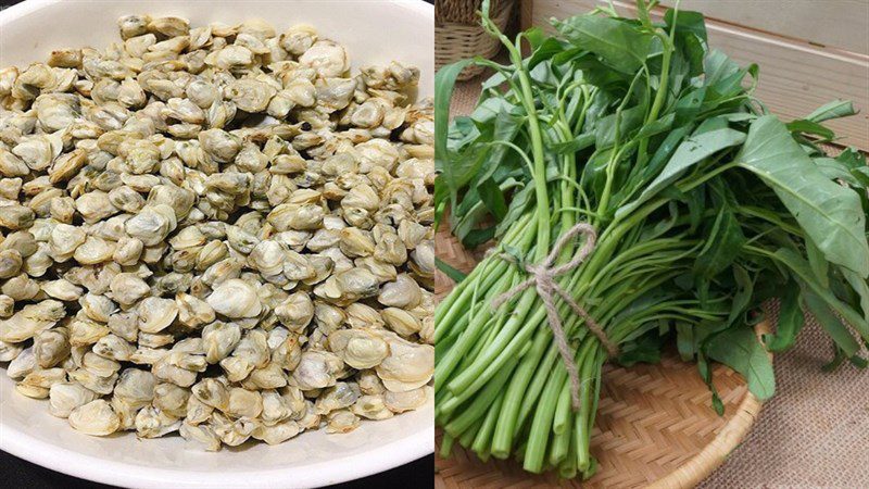 Ingredients for clam soup with water spinach