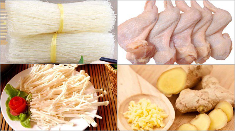 Ingredients for chicken vermicelli dish with mushrooms