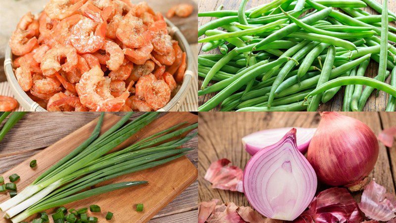 Ingredients for stir-fried green beans (string beans) with dried shrimp