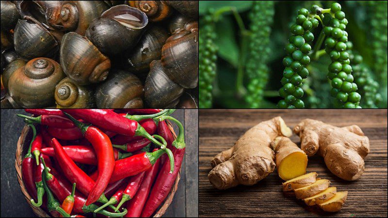 Ingredients for the dish 3 ways to make grilled river snails with pepper