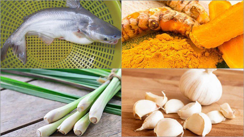 Ingredients for grilled pangasius with galangal, chili salt and lemongrass turmeric