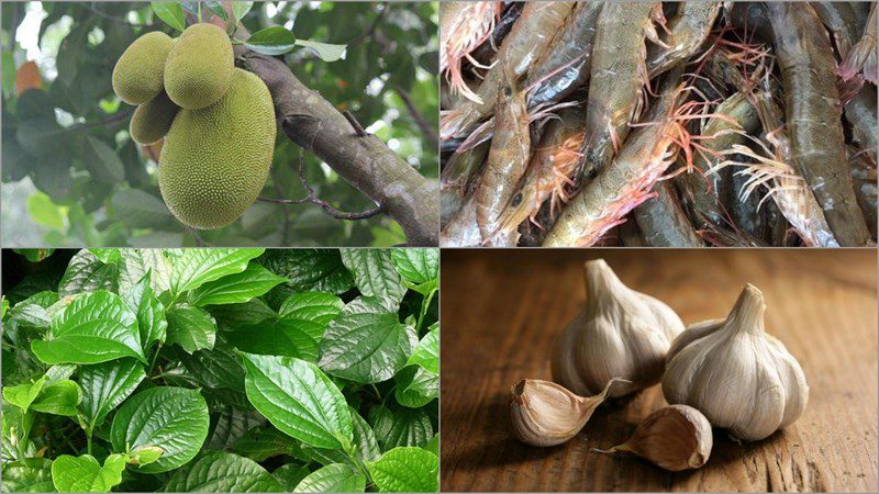 Ingredients for young jackfruit soup with turmeric, young jackfruit soup with shrimp and betel leaves, and young jackfruit soup with ribs