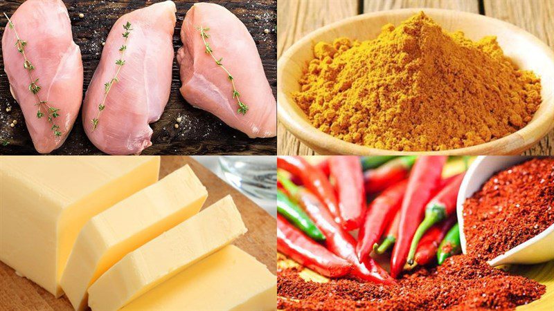 Ingredients for 3 ways to cook Indian chicken curry with mango sauce, butter sauce, and masala sauce