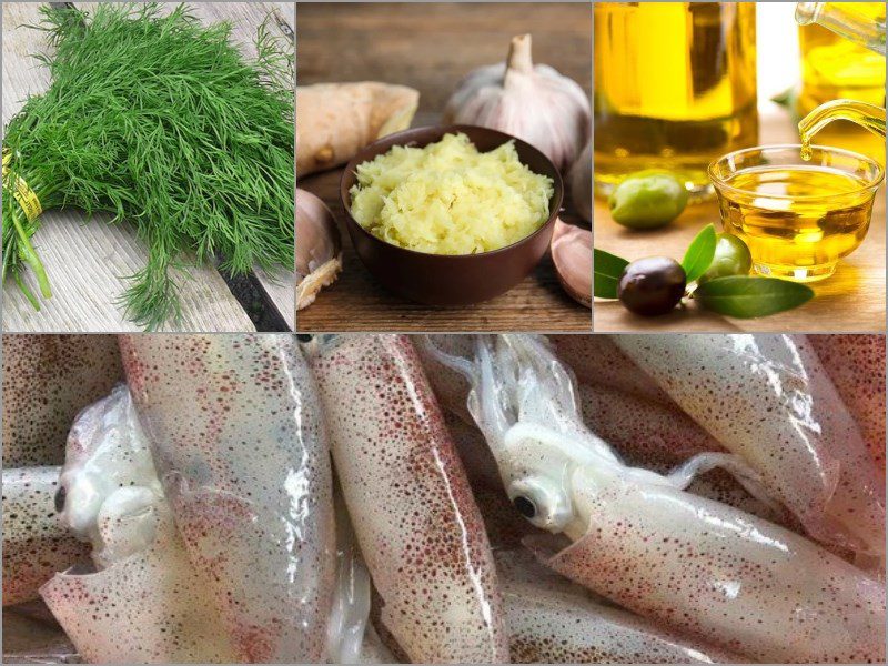 Ingredients for crispy fried squid with dill