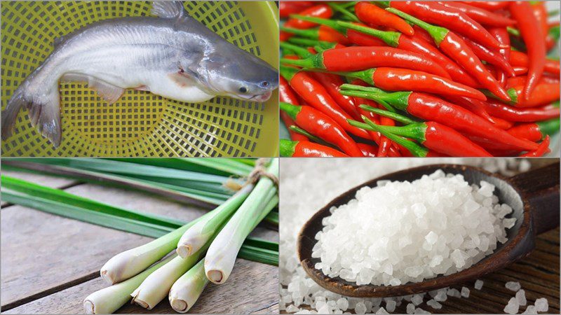 Ingredients for grilled catfish with galangal, salt, chili, and lemongrass