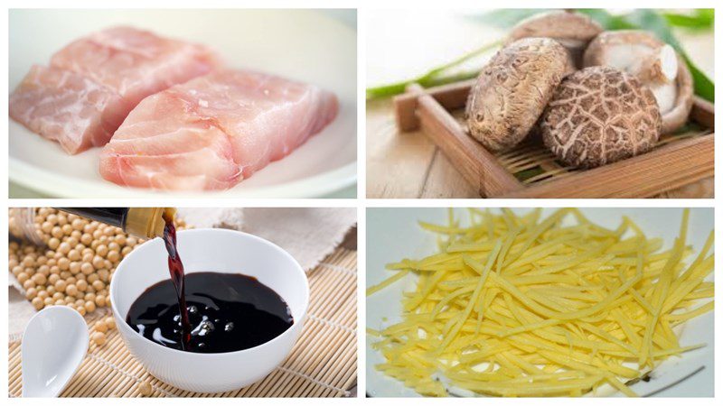 Ingredients for steamed cod with onion and ginger and steamed mushrooms