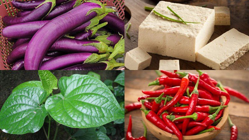 Ingredients for stir-fried eggplant with garlic, chili, and tofu