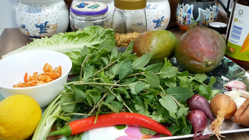 Ingredients for mango salad with dried shrimp