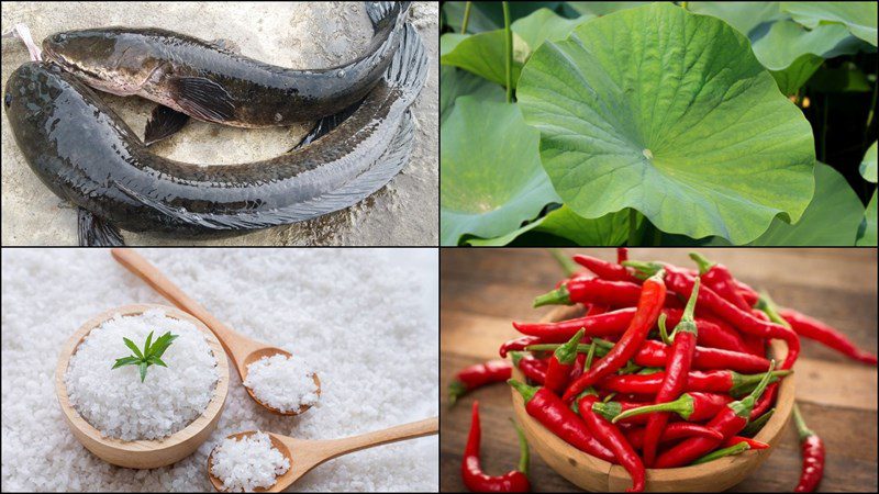 Ingredients for grilled snakehead fish with lotus leaves