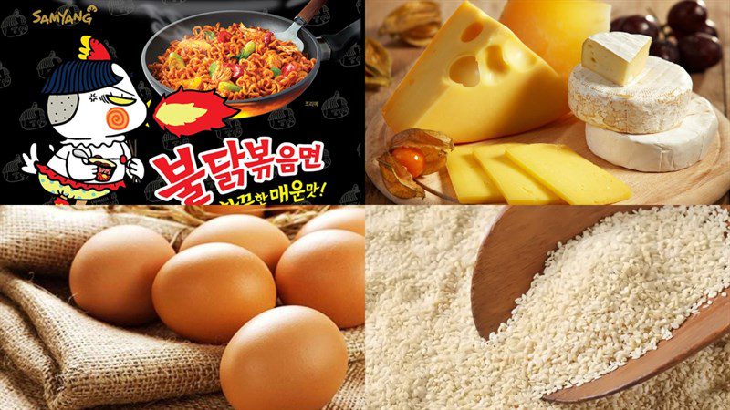 Ingredients for spicy Samyang noodles with egg, spicy Samyang noodles with cheese, spicy Samyang noodles with bacon, and mixed Samyang noodles