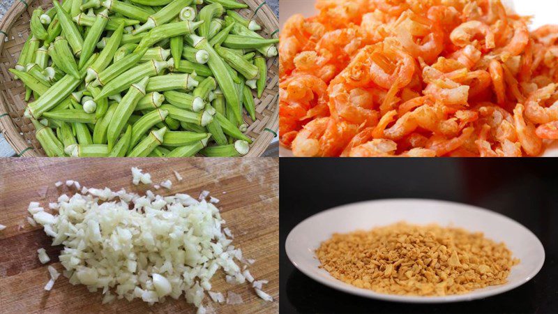 Ingredients for the dish of stir-fried okra with dried shrimp