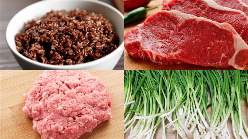 Ingredients for brown rice porridge with beef, brown rice porridge with braised fish