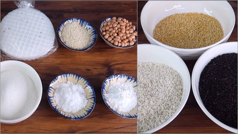 Ingredients for black sticky rice with mung bean filling and coconut milk